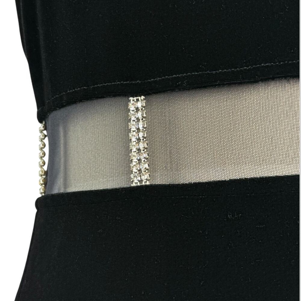 90's sexy black velvet long fitted dress with high slit and mesh crystal trim - Picture 5 of 16